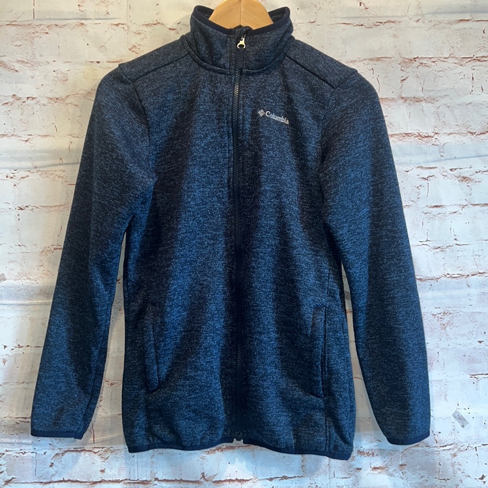 Boys full zip front soft jacket fleece lined large 14 pockets blue spacedye logo
